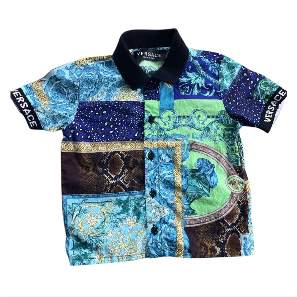 Versace Kids Multicolor Patchwork Button Down Shirt - Blue Green Black Gold